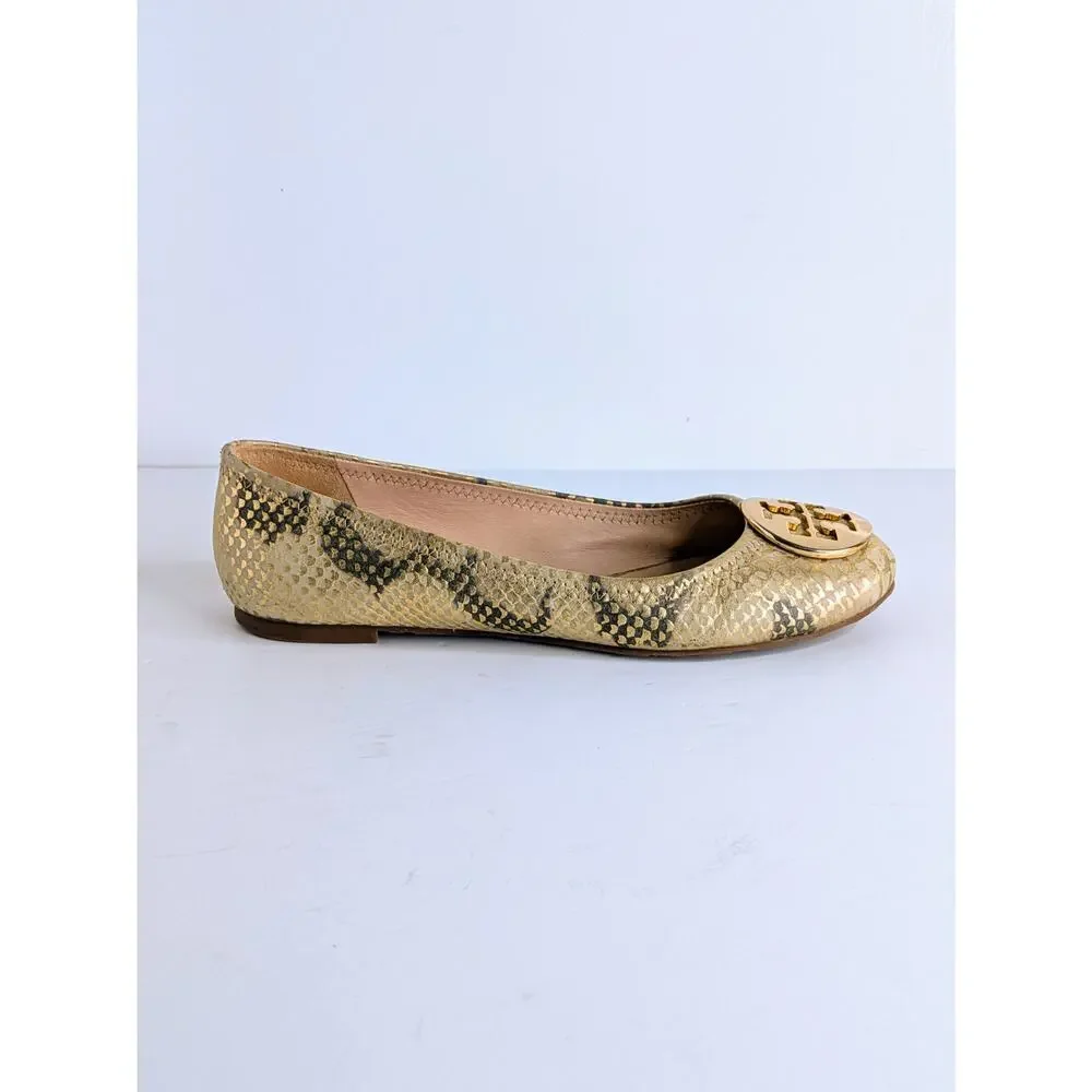Tory Burch Reva Ballet Flats 7.5 Tan Gold Snakeskin Print Metallic Logo Round